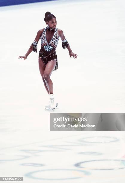 Surya Bonaly of France skates her short program of the Ladies Singles event of the figure skating competition of the 1998 Winter Olympics held on...