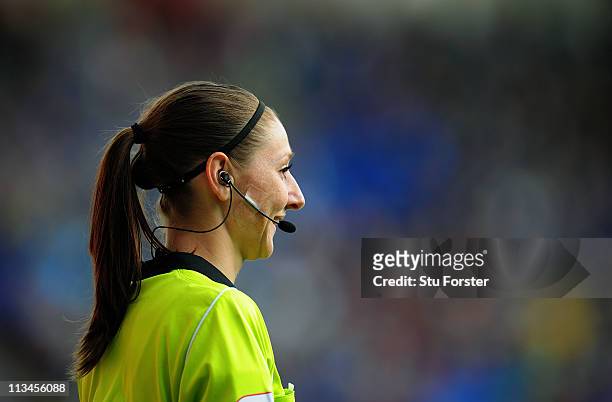 Assistant referee Sian Massey looks on during the npower Championship game between Cardiff City and Middlesbrough at Cardiff City Stadium on May 2,...
