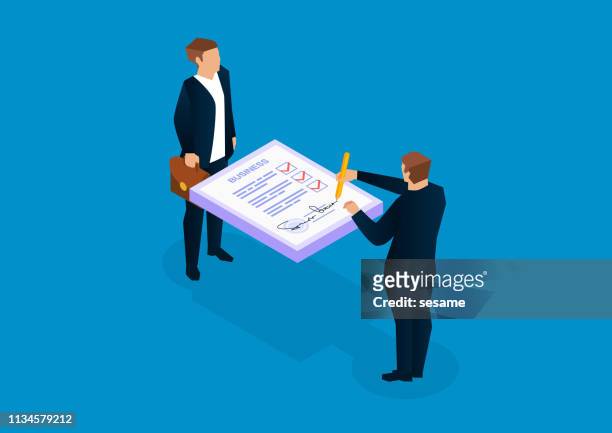 two businessmen signing documents - sign stock illustrations