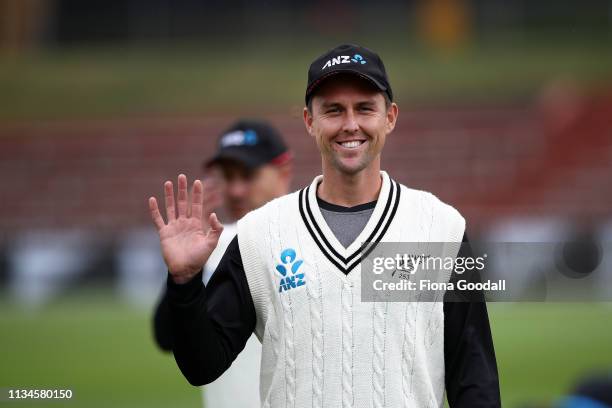 Trent Boult of the Black Caps warms up after lengthy rain delays during day 2 of the second Test Series between New Zealand and Bangladesh at at...