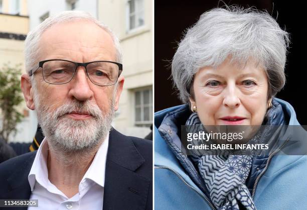 Combo shows opposition Labour party leader Jeremy Corbyn leaving his home and Britain's Prime Minister Theresa May departing Downing Street in London...