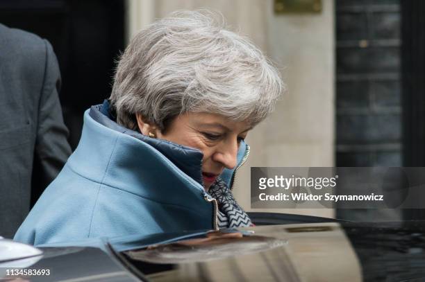 British Prime Minister Theresa May leaves 10 Downing Street for the weekly PMQ session in the House of Commons on 03 April, 2019 in London, England....