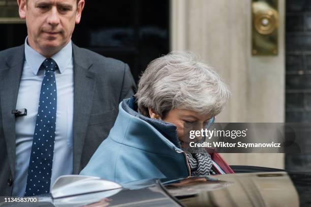 British Prime Minister Theresa May leaves 10 Downing Street for the weekly PMQ session in the House of Commons on 03 April, 2019 in London, England....