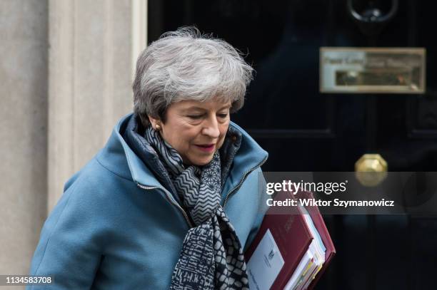 British Prime Minister Theresa May leaves 10 Downing Street for the weekly PMQ session in the House of Commons on 03 April, 2019 in London, England....