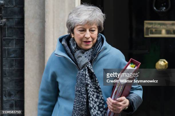 British Prime Minister Theresa May leaves 10 Downing Street for the weekly PMQ session in the House of Commons on 03 April, 2019 in London, England....