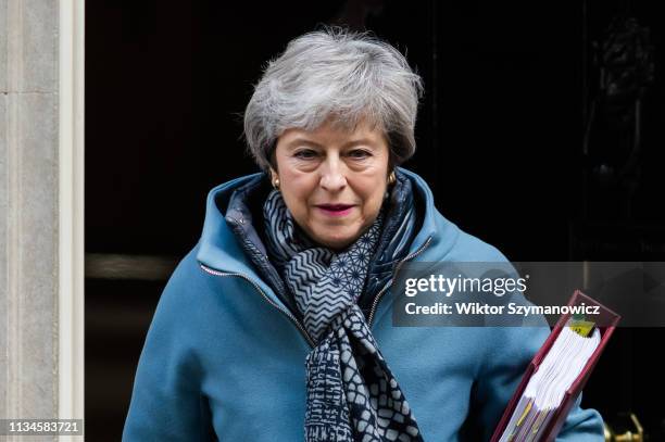 British Prime Minister Theresa May leaves 10 Downing Street for the weekly PMQ session in the House of Commons on 03 April, 2019 in London, England....