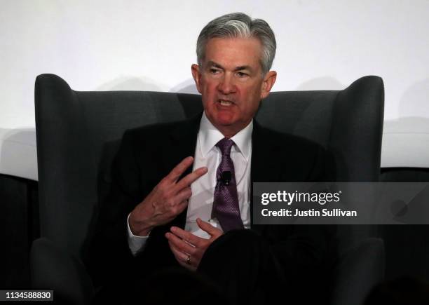 Federal Reserve Chairman Jerome Powell speaks during the 2019 Stanford Institute for Economic Policy Research Economic Summit at Stanford University...
