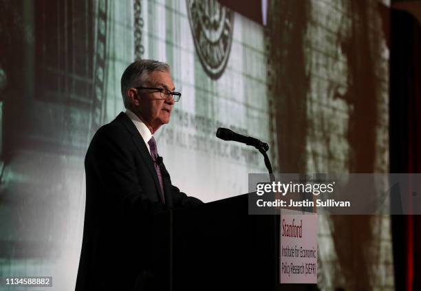 Federal Reserve Chairman Jerome Powell speaks during the 2019 Stanford Institute for Economic Policy Research Economic Summit at Stanford University...