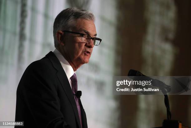 Federal Reserve Chairman Jerome Powell speaks during the 2019 Stanford Institute for Economic Policy Research Economic Summit at Stanford University...