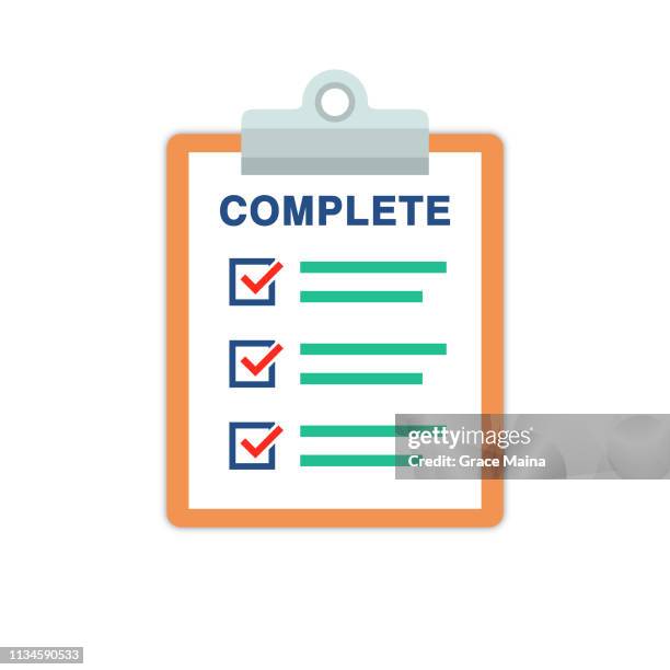 complete document list with check marks and clipboard - comprehensive plan stock illustrations