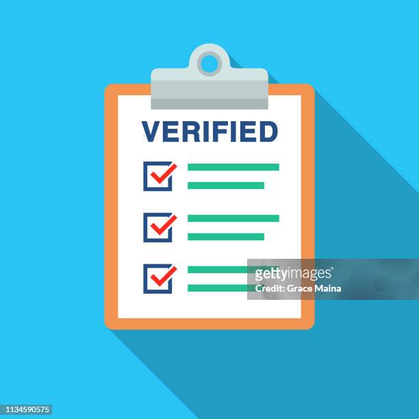 verified document list with check marks and clipboard - verification stock illustrations