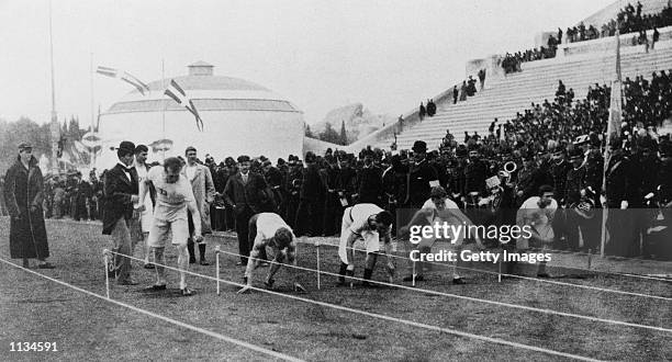 The start of the 100 meters sprint at the first Olympic Games of the Modern Era in Athens, Greece.