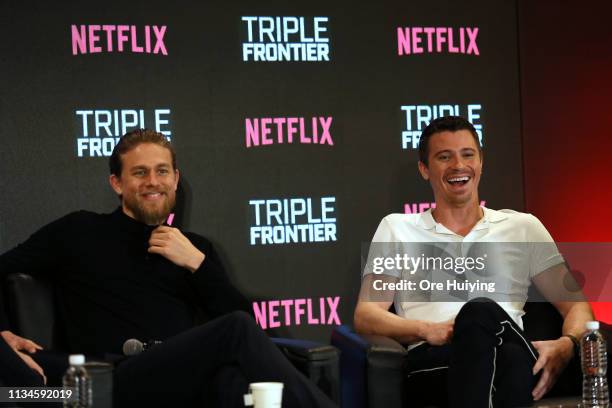 Charlie Hunnam and Garrett Hedlund attend the press conference for the Singapore premiere of 'Triple Frontier' at Marina Bay Sands on March 09, 2019...