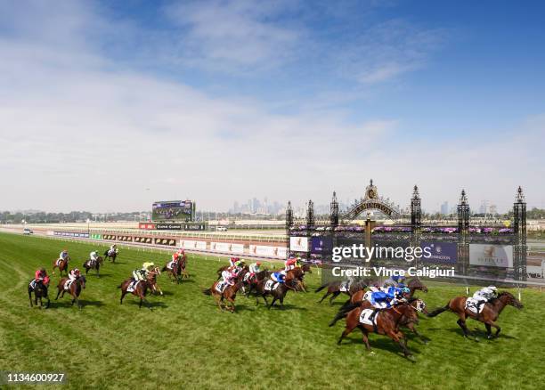 Barend Vorster riding Sunlight winning Race 6, Seppelt Wines Newmarket Handicap during Melbourne Racing at Flemington Racecourse on March 09, 2019 in...