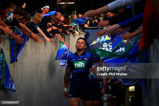 Sonny Bill Williams of the Blues leads the team out for the round four Super Rugby match between the Blues and the Sunwolves at QBE Stadium on March...