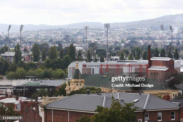 General view is seen during the 2019 JLT Community Series AFL match between the Hawthorn Hawks and the Richmond Tigers at University of Tasmania...