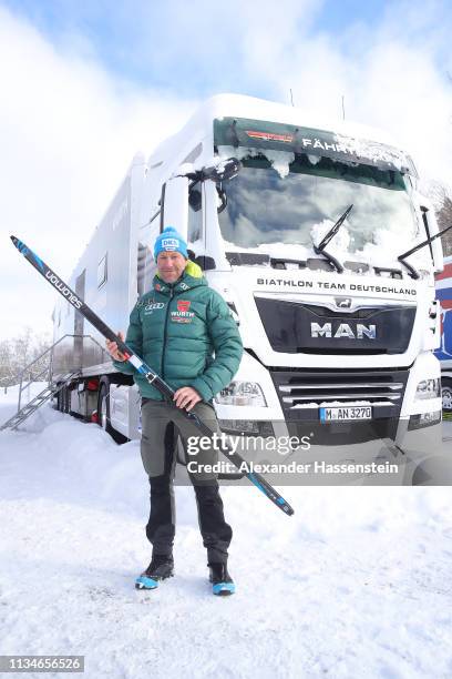 Andreas Emslander of Team Germany poses in front of the waxing Truck of Team Germany at the IBU Biathlon World Championships at Swedish National...