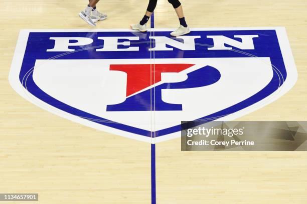 The Penn logo is shown before the game between the Pennsylvania Quakers and the Yale Bulldogs at The Palestra on March 8, 2019 in Philadelphia,...