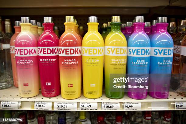 Bottles of Constellation Brands Inc. Svedka flavored vodka sit on a shelf at a store in Ottawa, Illinois, U.S., on Tuesday, April 2, 2019....