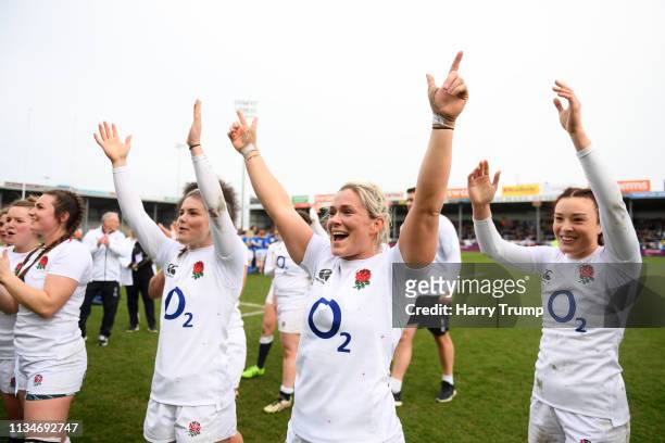 Rachael Burford of England and Kelly Smith of England during celebrate victory after the Womens Six Nations match between England and Italy at Sandy...