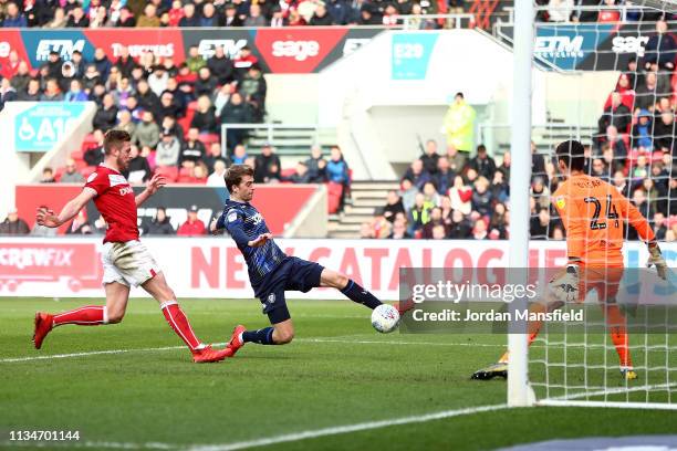 Patrick Bamford of Leeds United scores his sides first goal during the Sky Bet Championship between Bristol City and Leeds United at Ashton Gate on...