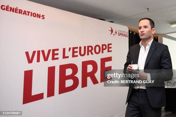 French leftist party Generation.s founder Benoit Hamon arrives on April 3 in Paris, to take part in a meeting presenting list of candidates of...