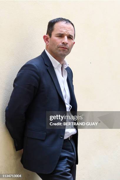 French leftist party Generation.s founder Benoit Hamon arrives on April 3 in Paris, takes part in a meeting presenting list of candidates of...