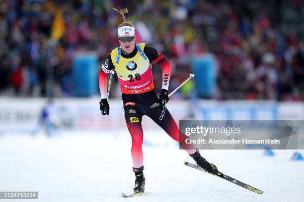 Johannes Thingnes Boe of Norway competes at the IBU Biathlon World Championships Mmen 10km Sprint at Swedish National Biathlon Arena on March 09,...