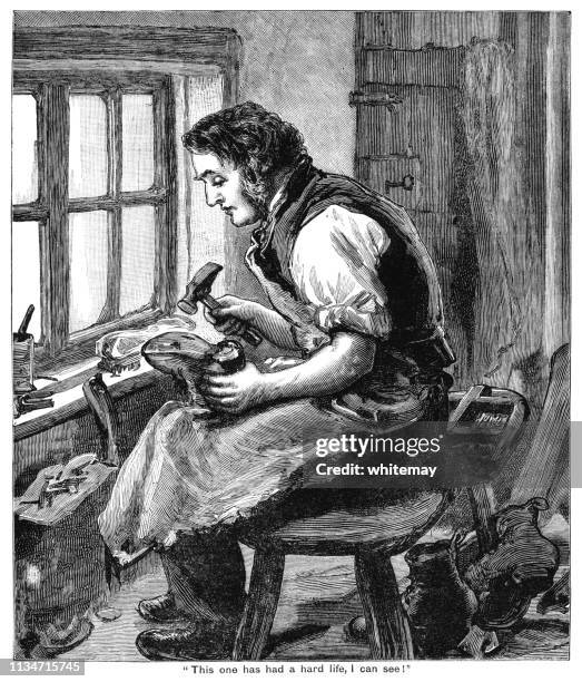 Nineteenth Century Cobbler Seated By The Window Mending A Wornout Boot High-Res Vector Graphic
