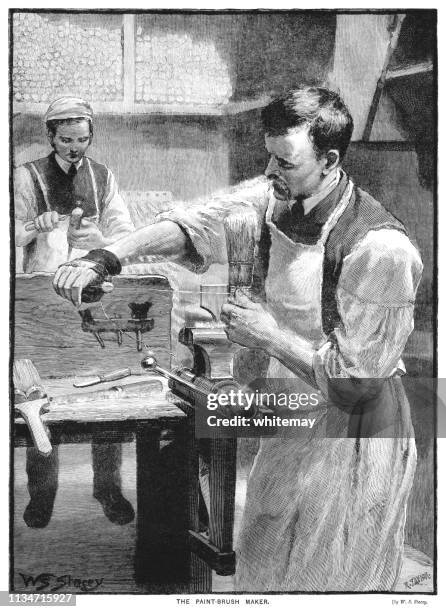 nineteenth century paint brush maker at work - make friends stock illustrations