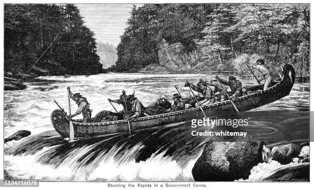 ilustraciones, imágenes clip art, dibujos animados e iconos de stock de viaje del siglo xix por "canoa gubernamental" en canadá - canoe rapids