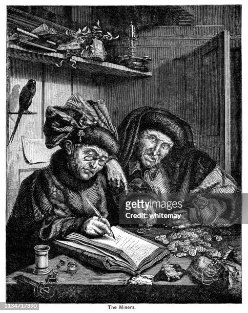 two misers counting their money and writing up accounts - counting stock illustrations