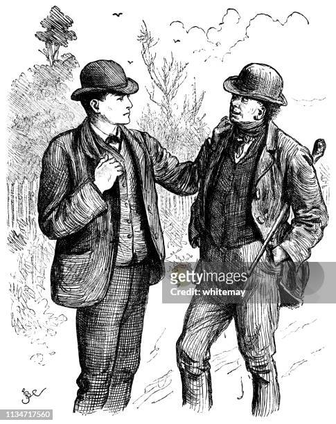 zwei viktorianische männer führen ernsthafte diskussion auf einer landstraße - mittelstand stock-grafiken, -clipart, -cartoons und -symbole