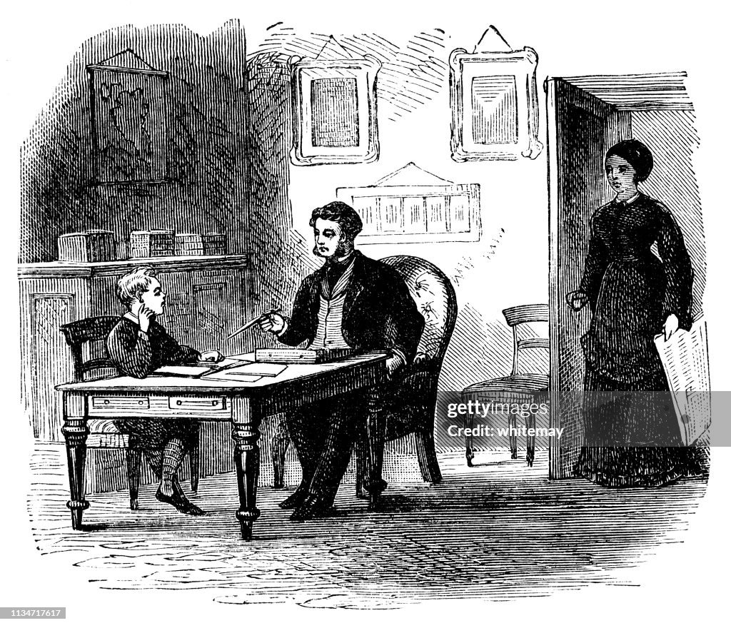 Victorian Homework Victorian Father Helping His Son With His Homework High-Res Vector ...