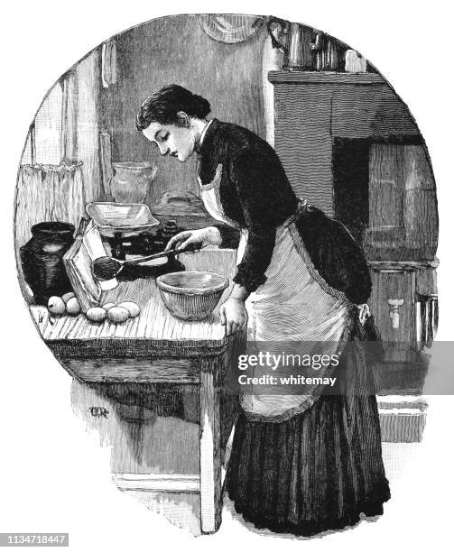 ilustrações de stock, clip art, desenhos animados e ícones de victorian woman reading a recipe book as she cooks in her kitchen - estilo do século 19