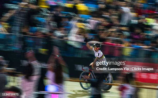 Wai Sze Sarah celebrates her win during the Pruride Six Day Hong Kong Women's Sprint Finals at the Hong Kong Velodrome on March 09, 2019 in Hong Kong.