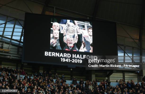 Tribute to Bernard Halford on the big screen during the Premier League match at The Etihad Stadium, Manchester.