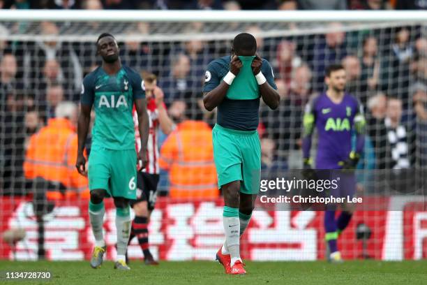 Serge Aurier of Tottenham Hotspur reacts during the Premier League match between Southampton FC and Tottenham Hotspur at St Mary's Stadium on March...