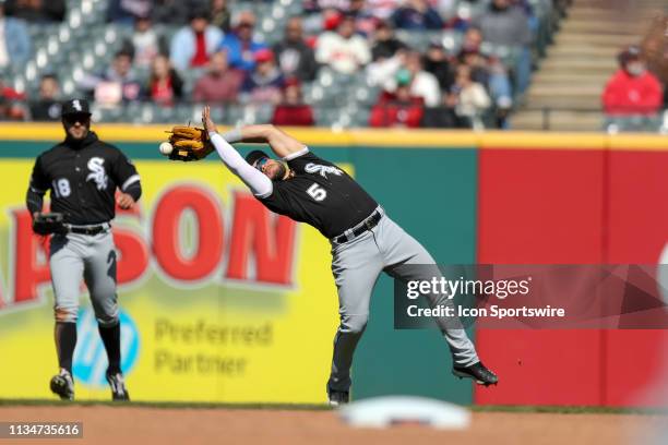 Chicago White Sox infielder Yolmer Sanchez is charged with an error as he cannot make the play on a fly ball of the bat of Cleveland Indians third...