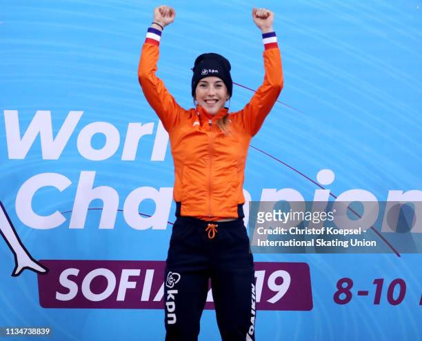 Lara van Ruijven of Netherlands celebrates during the medal ceremony of the ladies 500 meter final A during the ISU World Short Track Speed Skating...