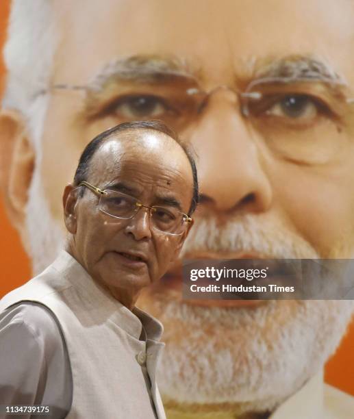 Union Finance Minister Arun Jaitley arrives to brief media at BJP Headquarters on April 3, 2019 in New Delhi, India. Launching a bitter attack on the...