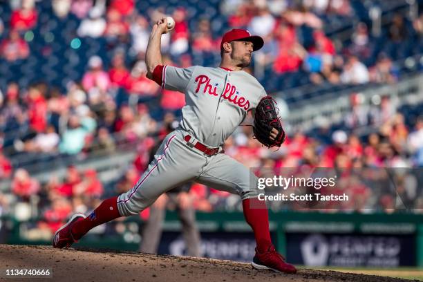 April 03: David Robertson of the Philadelphia Phillies pitches against the Washington Nationals during the ninth inning at Nationals Park on April 3,...