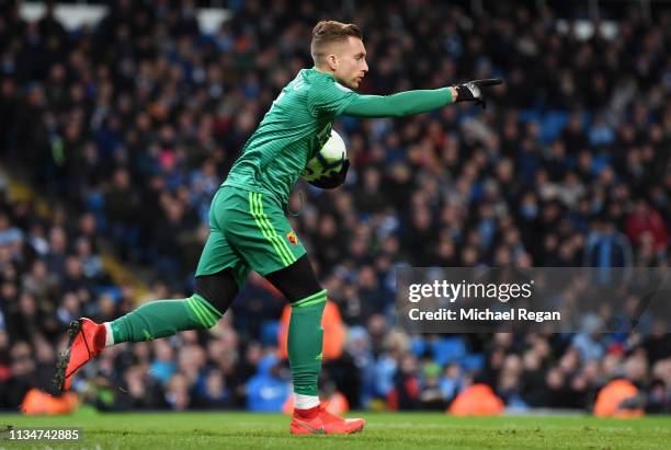 Gerard Deulofeu of Watford celebrates after scoring his team's first goal during the Premier League match between Manchester City and Watford FC at...