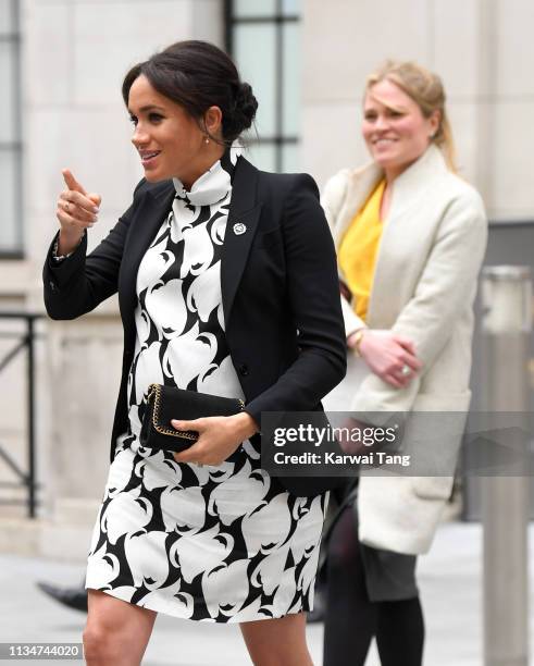 Meghan, Duchess of Sussex and Amy Pickerill depart after joining a panel discussion convened by The Queen’s Commonwealth Trust to mark International...