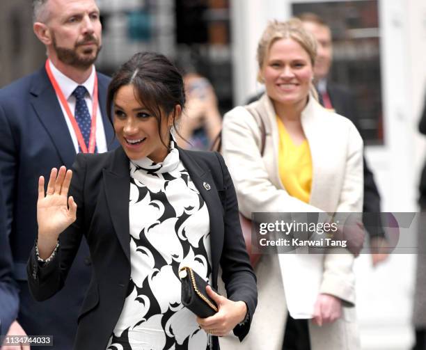 Meghan, Duchess of Sussex and Amy Pickerill depart after joining a panel discussion convened by The Queen’s Commonwealth Trust to mark International...