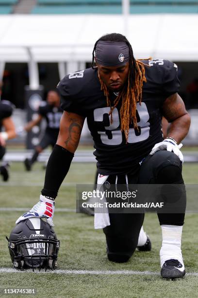 Trent Richardson of Birmingham Iron warms up prior to their Alliance of American Football game against the Orlando Apollos at Legion Field on March...