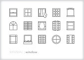 Window line icons of various architectural shapes and types of house and business building windows