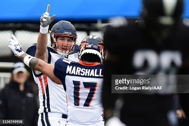 Scott Orndoff of Orlando Apollos celebrates after scoring against the Birmingham Iron in their Alliance of American Football game at Legion Field on...