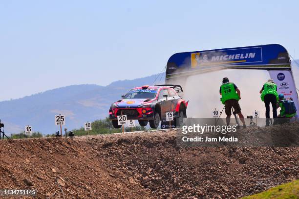 Andreas Mikkelsen of Norway and Anders Jaeger of Norway compete in their Hyundai Shell Mobis World Rally Team during day two of the FIA World Rally...