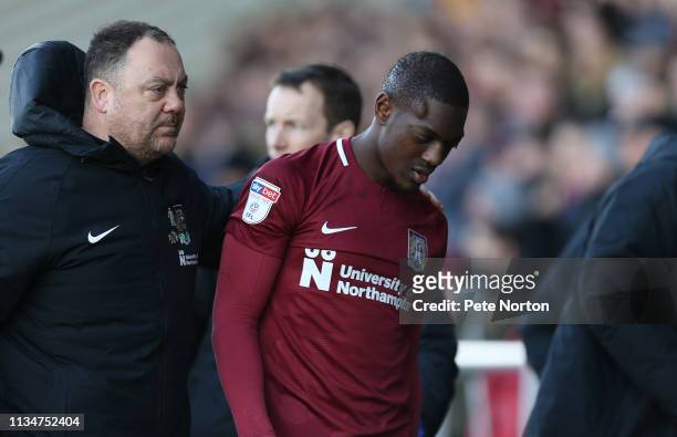 Marvin Sordell of Northampton Town leaves the pitch with a head injury during the Sky Bet League Two match between Northampton Town and Exeter City...